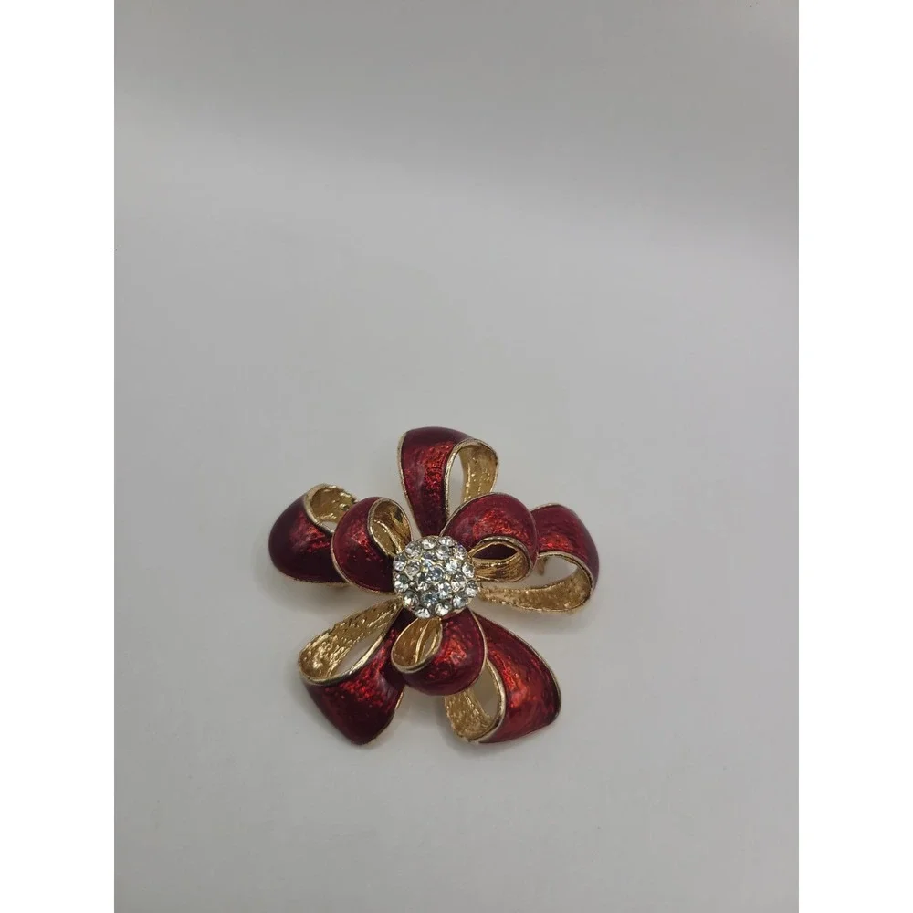 KCD Red Enamel Flower Brooch Gold Tone Rhinestone Statement Floral Pin